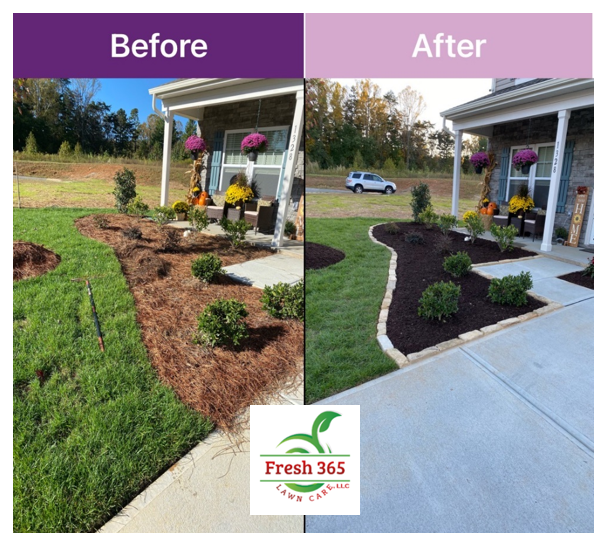 Mulch installation and rock edging landscaping before and after service image