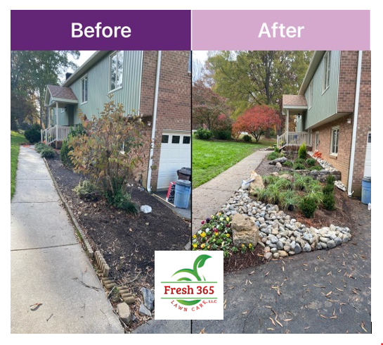 Landscaping in the front yard flowerbed before and after service image