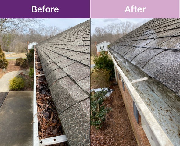 Gutter cleaning before and after images.